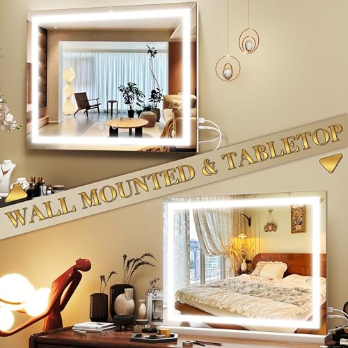 ROLOVE 23x18 Inch Makeup Mirror with Lights, Detachable Magnifier