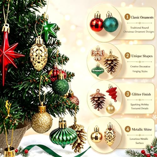 JOIVORAN 63pcs Mini Christmas Ornaments Set - Red, Green & Gold Holiday Decor