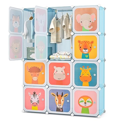 Modular Kids Wardrobe with 12 Storage Cubes and Hanging Rod - Blue