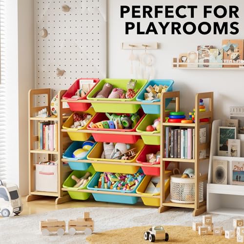 Kids Toy Storage Organizer with 12 Bins and Bookshelf, Pine Wood