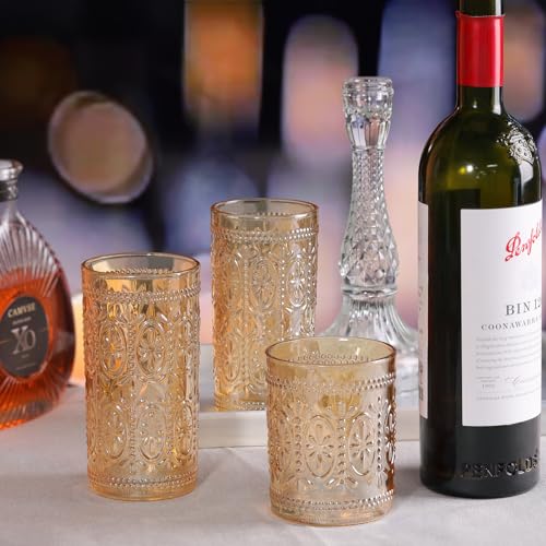 Darlion Amber 12oz Vintage Highball Glasses Set of 6 - Retro Crystal Clear Drinkware