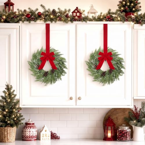 6-Piece Mini Christmas Wreaths with Red Ribbons for Kitchen Cabinets