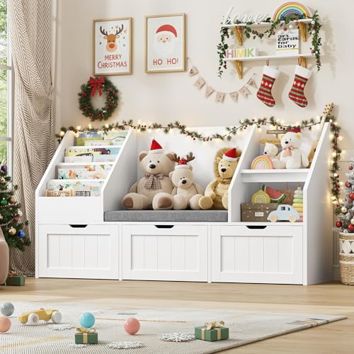 Kids Bookshelf and Toy Storage Organizer with Reading Nook and 3 Drawers