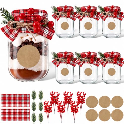 Thyle 6-Piece Christmas Mason Jar Set 16 oz – Hot Cocoa Supplies with Plaid Décor