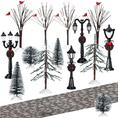 Aoriher 15 Pcs Christmas Figurine Village Accessories Miniature Pine