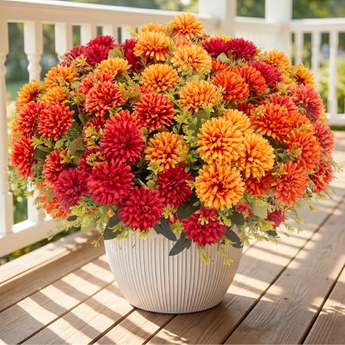 12 Pack Outdoor Artificial Fall Flowers - UV Resistant Fake Chrysanthemums