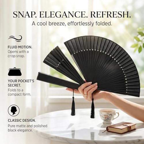 Elegant Bamboo Silk Folding Hand Fan with Tassel and Fabric Case