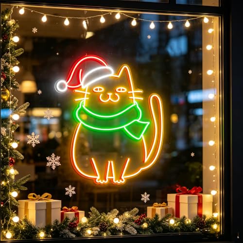 Christmas Cat Neon Sign LED Merry Christmas Neon Lights - USB, Dimmable, 16x13 Inch - HFHungkeong (Color4)