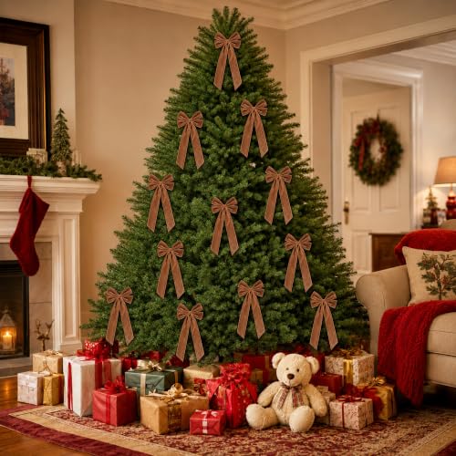 Brown Velvet Christmas Bows 5x10 Inch Holiday Tree Decorations - Set of 12