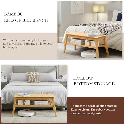 Bamboo Entryway Bench with 2-Tier Shoe Storage Shelf, 33-Inch Wood Bench