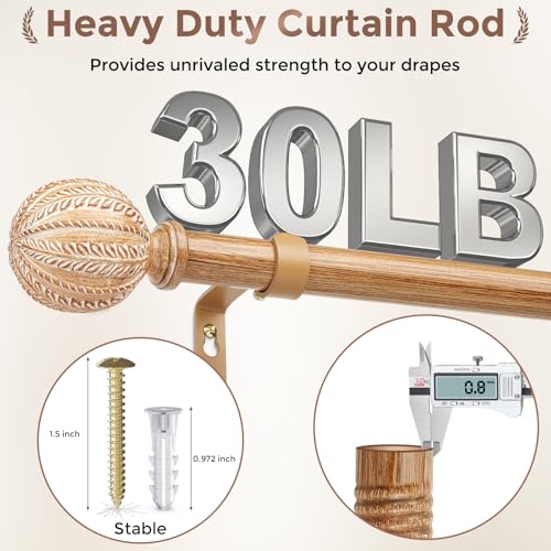 Adjustable Heavy Duty Curtain Rod, 30 to 88 Inch Rustic Wood Grain Finish