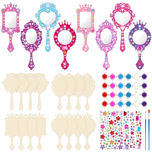 16-Set DIY Wooden Hand Mirror Craft Kit for Kids with Paints and Stickers