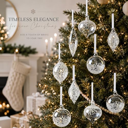 Seenelling 10 Pcs Clear Glass Finial Christmas Ornaments with White Velvet Ribbons - Classic & Vintage Style