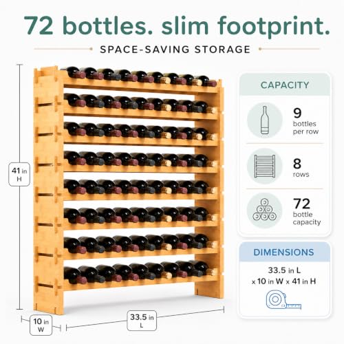 72-Bottle Bamboo Wine Rack, 8-Tier Stackable Freestanding Shelf