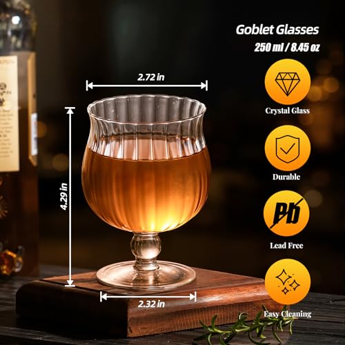 Ribbed Crystal Drinking Glasses, 8 oz Stemmed Juice Goblets Set of 2