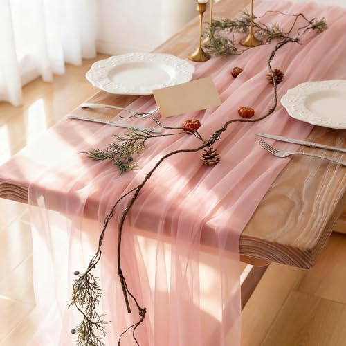 LINNUO HOURSE Pink Sheer Chiffon Table Runner 35x12 Inches 12 Pack for Weddings