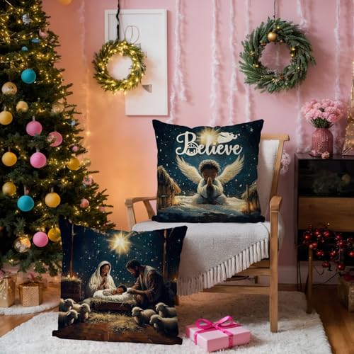 QIONG MENG Black Santa Christmas Pillow Covers 18x18 in Set of 4 - Front Pattern, Holiday Decor