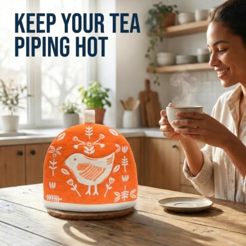 Scandi Birds Wool Teapot Cozy Cover for Large Kettles & French Press - Handmade Wool Gift