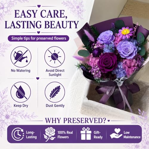 Preserved Purple Rose Bouquet in Vase, Eternal Real Flowers Gift for Her