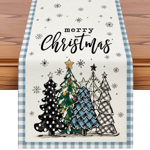 OTOSTAR Buffalo Plaid Christmas Table Runner 13x90in - Light Blue Snowflake Tree Holiday Farmhouse Kitchen Decor