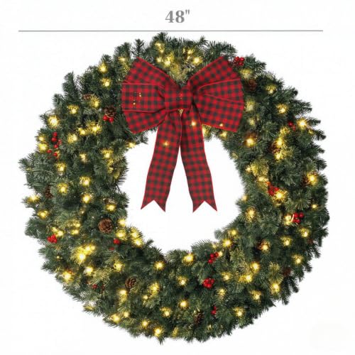 NicBex 48-Inch Crestwood Spruce Christmas Wreath with Bow & Lights, Green & Red