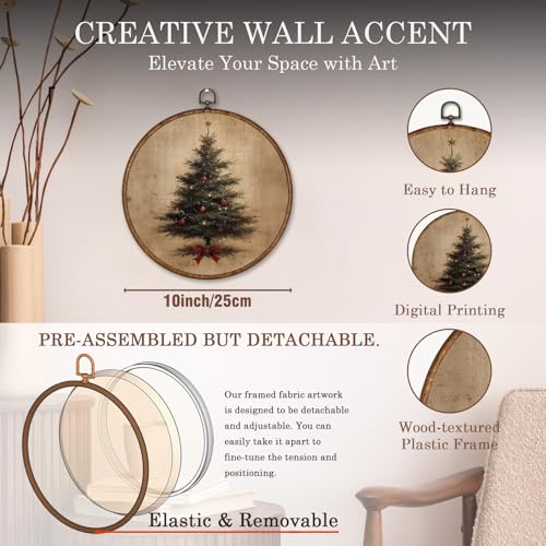Voxitura Vintage Winter Christmas Tree Wall Art Round Framed - Coquette Bow 10x10in (Tree Bow Variation)