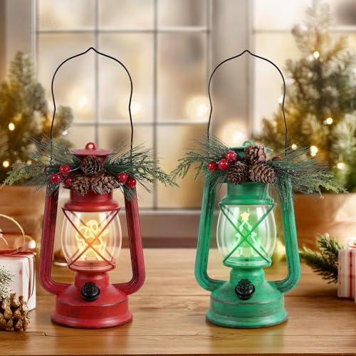 GlexpFesti 2-Pack Christmas Decorative Lanterns with Dimmable Light Wick - Red & Green
