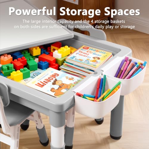 Adjustable Kids Activity Table and 2 Chairs Set with Storage, Grey