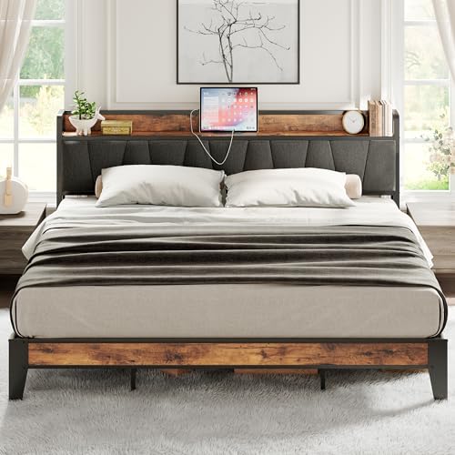 King Size Platform Bed Frame with Storage Headboard & Charging Station