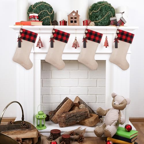 Personalized Burlap Christmas Stockings 5 Pcs with Buffalo Plaid Cuff & Wooden Name Tags - DIY Name + 19.5in (Shgngle, 5pcs)