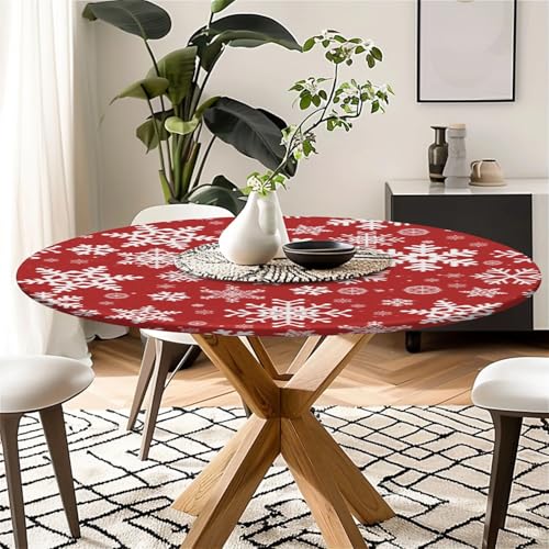 Yesad Christmas Snow Round Table Cover 60 Inch Fitted Elastic Tablecloth for Indoor Outdoor Holiday Events