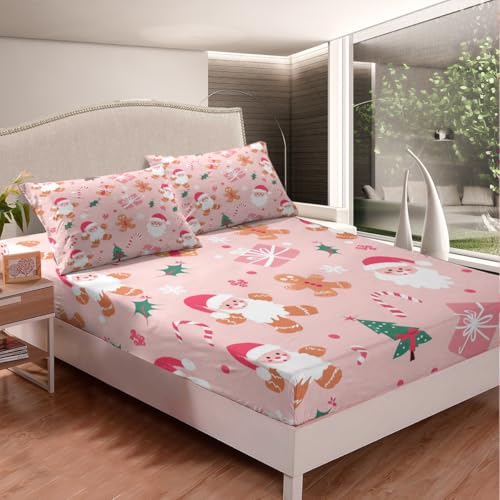 Feelyou Merry Christmas Bed Sheets 3Pcs Full Size Kids Pink Brown (No Flat Sheet) – Fitted Sheet Set