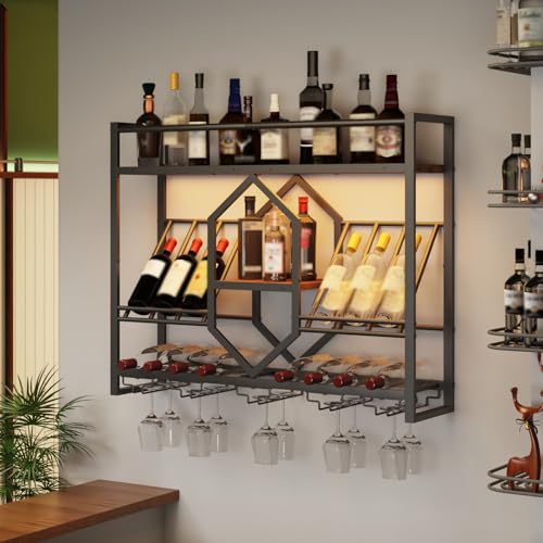 31.5" Wall Mounted Wine Rack with LED Lights and Glass Holder