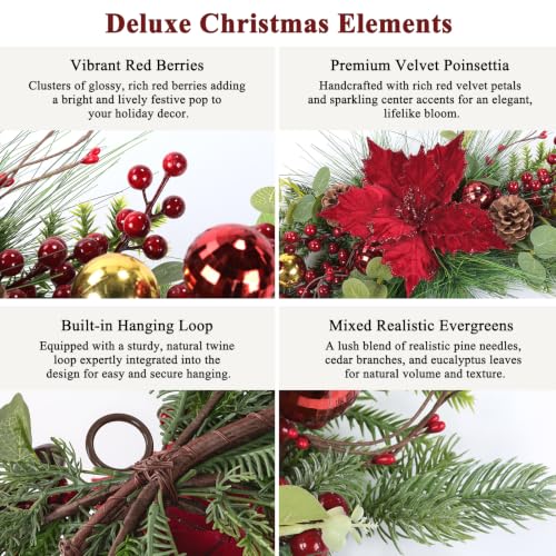 26 Inch Christmas Swag for Front Door with Poinsettias Flower - Red Berry Poinsettia