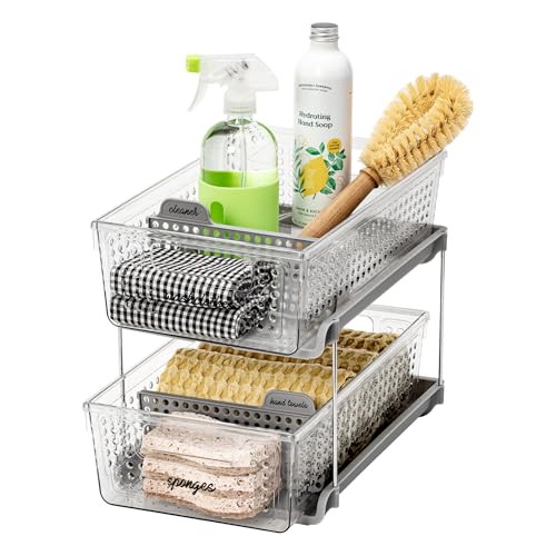 madesmart 2-Tier Organizer, Multi-Purpose Slide-Out Storage with Handles and Dividers for Home and Bath, BPA Free, Clear/Gray