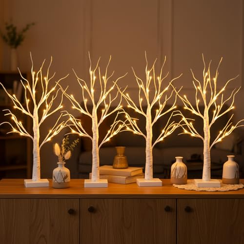 PABIPABI 4-Light LED Birch Trees with Timer Battery-Powered Christmas Decor