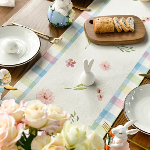 Artoid Mode 13x108 Inch Pink Blue Buffalo Plaid Bunny Ear Foot Flower Easter Table Runner