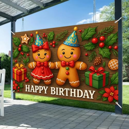 HOMETITUTE Gingerbread Happy Birthday Backdrop Banner 71x43 Inch - Rustic Holiday Party Decor, Pattern*2