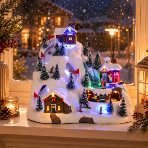 VCUTEKA Alpine Village Christmas Village Scene with Rotating Train & Skaters - Holiday Decor