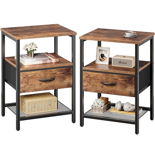 Industrial Nightstand Set of 2 with Fabric Drawer and Mesh Storage Shelf
