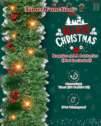 Luxvano 9ft Pre-Lit Flocked Christmas Garland with 30 LED Lights, Red Berries, Battery Operated