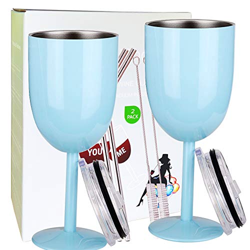 AMZUShome 10 oz Light Blue Stainless Steel Wine T tumbler with lid & straw, double walled