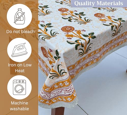 Fall Tablecloth 90x60 Inches - White Orange Floral Hand Block Print for Dining & Holiday Decor - Variation of White Orange Squash Floral Print