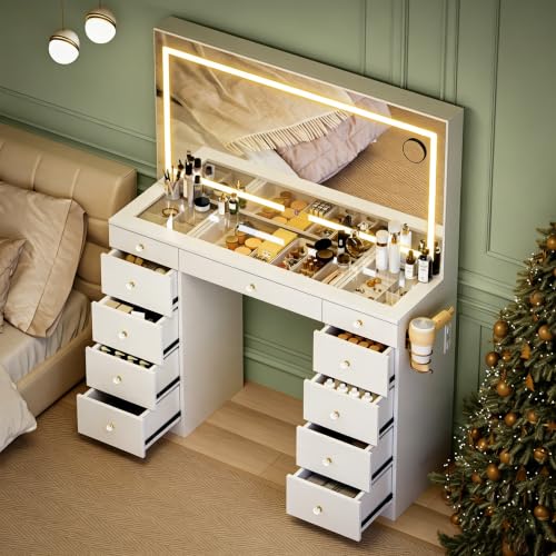11-Drawer Vanity Desk with LED Mirror, Glass Top, and Charging Station