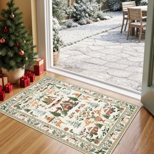 Jinchan Cabin Tales Beige 2x3 Christmas Rug for Entryway & Kitchen, Washable Holiday Decor