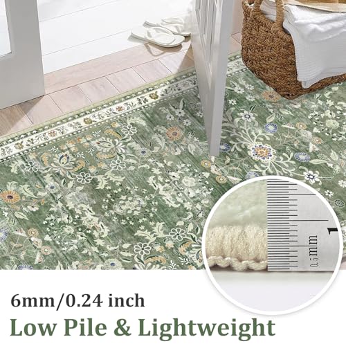 2x8 Washable Floral Runner Rug, Non-Slip Sage Green Boho Kitchen Carpet