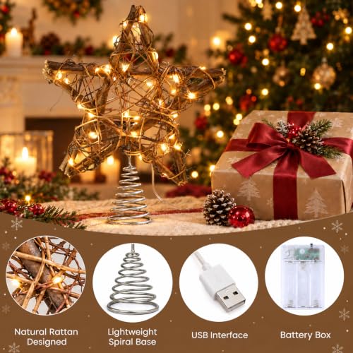 Brown 8 Inch Christmas Tree Topper Star - Rustic Hand-Woven Rattan Xmas Decor