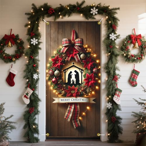 Christmas Nativity Scene Door Cover with Poinsettia Plaid Bow - Colorful B618