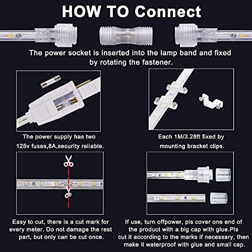 GUOTONG 50ft Outdoor Waterproof LED Rope Lights Cool White 3000K Cuttable Connectable