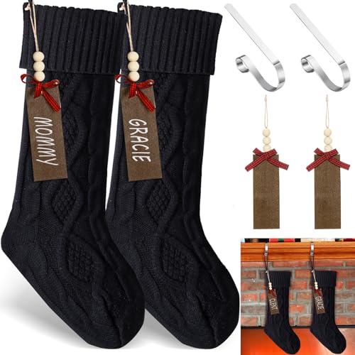 Black 2-Pack 18-Inch Christmas Stockings with Metal Hooks & Name Tags